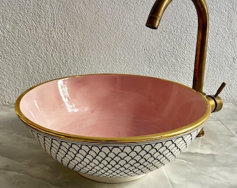 Handmade Ceramic Vessel Sink, Pink & White, 14K Gold Rim, Free Brass Drain