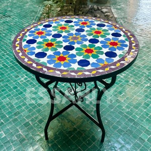 Moroccan Tile Table, Custom Mosaic Tabletop Iron Legs, Handcrafted Zellige Table For Outdoor/Indoor Garden Table, Bistro Table For Terrace