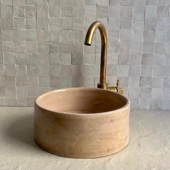 Rustic Clay Vessel Sink | Handmade Wabi-Sabi Ceramic Bathroom Basin | Beige Natural Vanity Bowl
