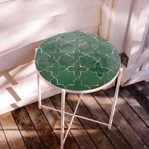 Round Coffee Table, Custom Green Mosaic Table With Iron Legs, Moroccan Zellige Tile Table For Indoor/Outdoor Garden Table, Small Side Table
