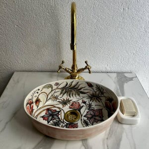 Lavabo de cerámica ovalado con flores, lavabo de cerámica pintado a mano, lavabo de cerámica para baño, lavabo de mano, lavabo con desagüe gratuito.