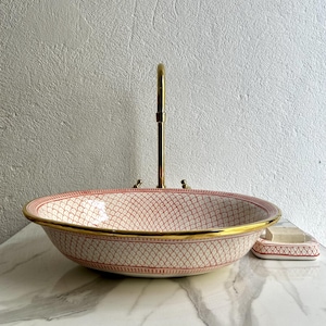 Blush Pink Oval Sink 14k Gold Rim, Single Vanity Sink, Vanity Vessel Basin, Rustic Sink For Bathroom, Handmade Ceramic Washbasin, Sink Basin