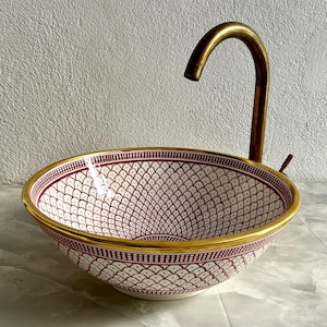 Luxury Ceramic Sink With 14K Gold Rim, Vessel Sink, Round Sink Bowl, Mid Century Hand wash Basin, Countertop London Basin With Free Drain