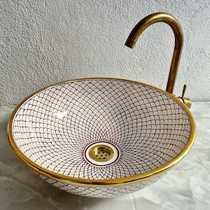 Gouden rand schip wastafel, luxe wastafel badkamer, Marokkaanse handgeschilderde wastafel, aanrecht wastafel, keramische wastafel, wastafels messing afvoer en cadeau