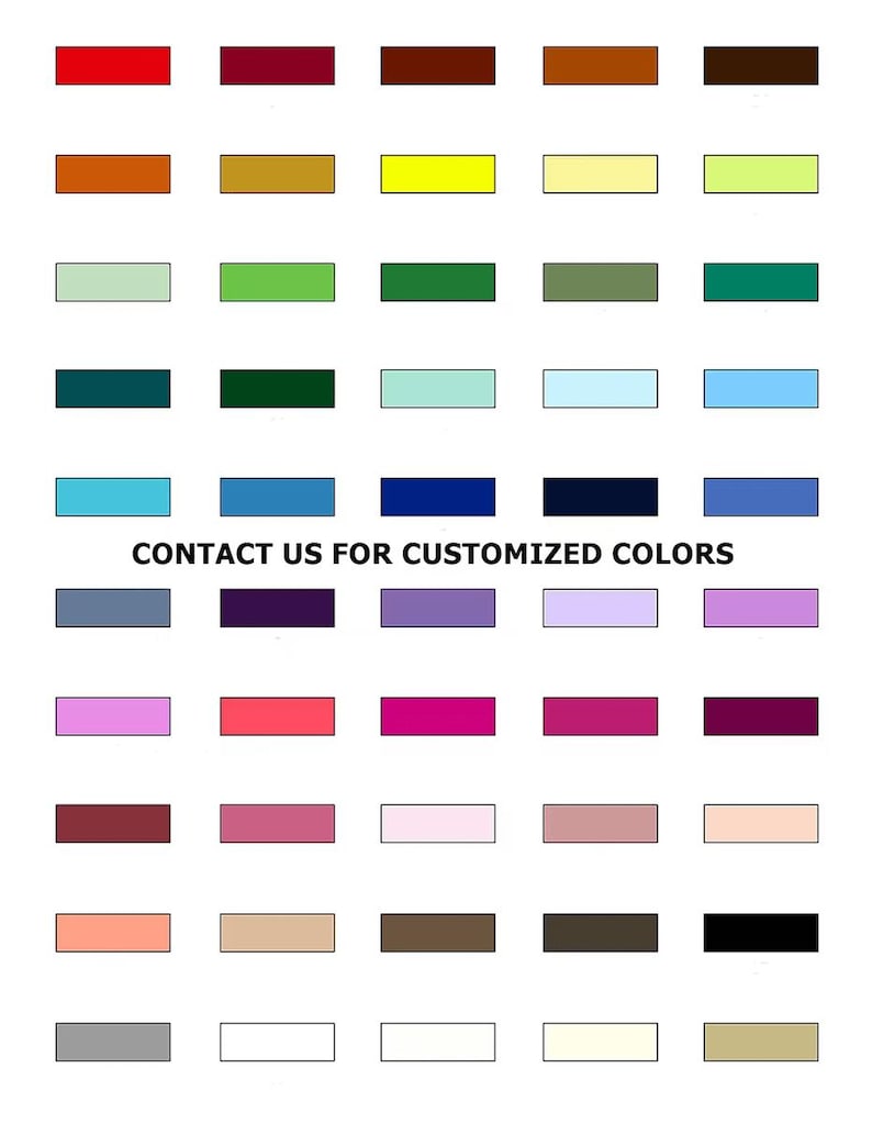 K&ouml;nnte beinhalten: Eine Farbkarte mit 36 Farbmustern, darunter Rot, Braun, Gelb, Gr&uuml;n, Blau, Lila, Rosa und Grau. Der Text "CONTACT US FOR CUSTOMIZED COLORS" befindet sich am unteren Rand der Karte.