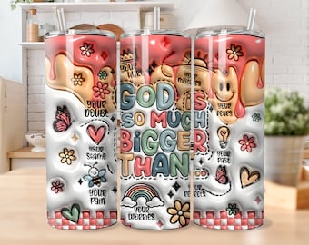 3D Inflated God Is So Much Bigger Than Tumbler Wrap, 3D Puffy Retro Christian 20oz Skinny Tumbler Sublimation, Digital Download