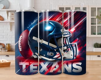 May include: Three stainless steel tumblers with a blue, red and white design featuring a football helmet and the word "TEXANS".