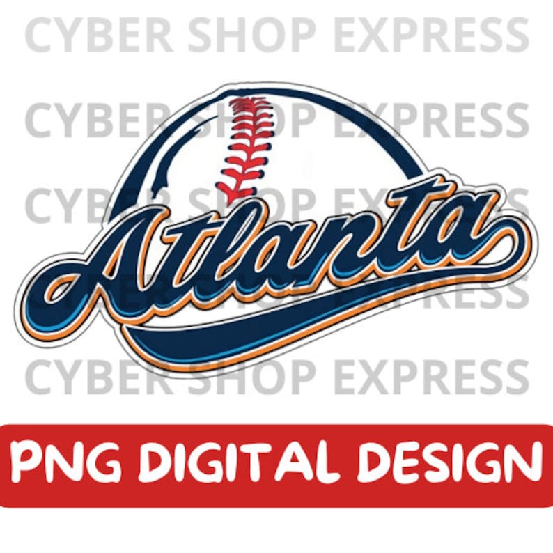 May include: A digital design featuring a baseball with red stitching and the word "Atlanta" in a blue and orange script.