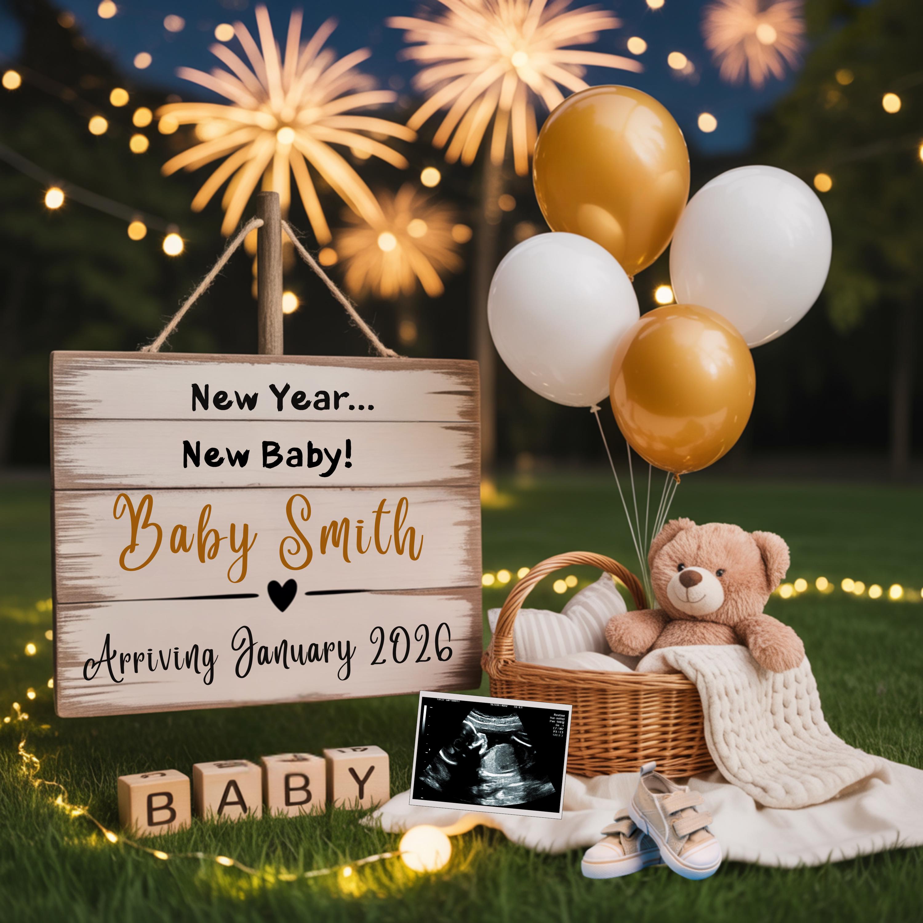 Digital New Years Pregnancy Announcement, Magical 2026 Baby Announcement, January Social Media Reveal, Instagram Wreath with Ultrasound