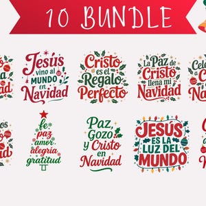 Op de afbeelding: Een bundel van tien kerstontwerpen in het Spaans. Elk ontwerp bevat feestelijke tekst in rood en groen, met decoratieve elementen zoals hulst, ornamenten en sneeuwvlokken. De tekst "10 BUNDLE" staat bovenaan.