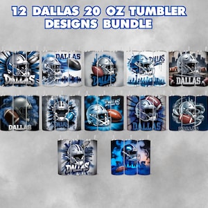 May include: A bundle of twelve 20 oz tumblers featuring various designs. Each tumbler showcases a football helmet and football with the word "DALLAS" in different artistic styles, set against blue and white backgrounds.