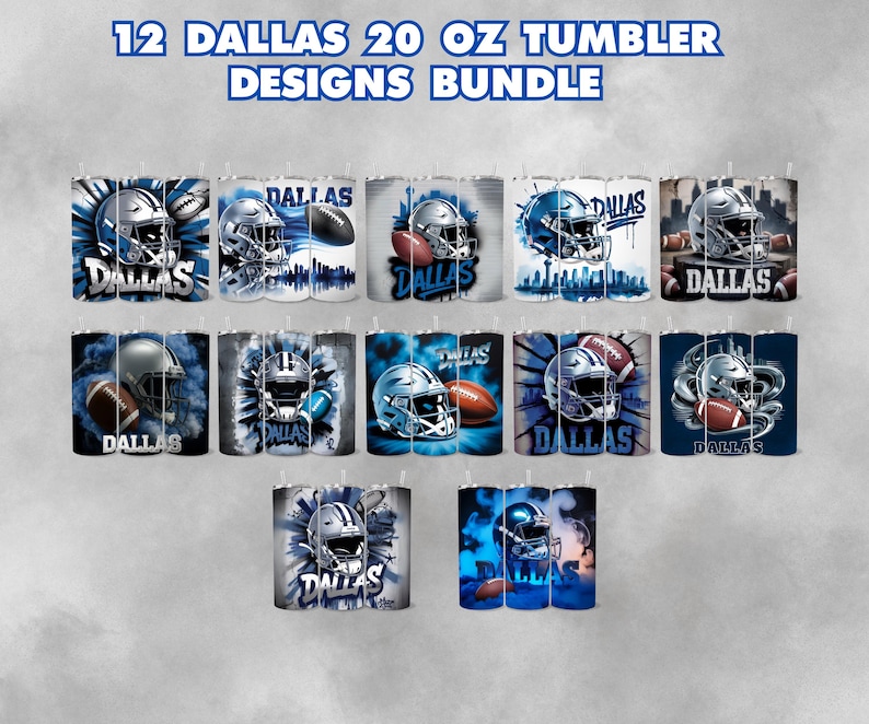 May include: A bundle of twelve 20 oz tumblers featuring various designs. Each tumbler showcases a football helmet and football with the word "DALLAS" in different artistic styles, set against blue and white backgrounds.