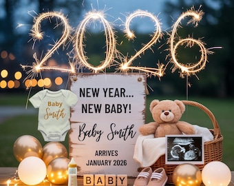 Digital New Years Pregnancy Announcement, Magical 2026 Baby Announcement, January Social Media Reveal, Instagram Wreath with Ultrasound