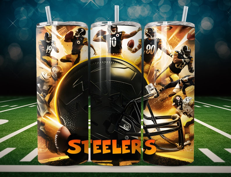 May include: A stainless steel tumbler with a black and gold design featuring Pittsburgh Steelers players and a football helmet. The tumbler has the word "STEELERS" printed on it.