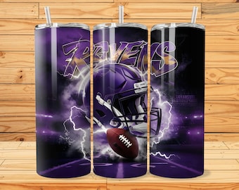 May include: Purple and black stainless steel tumbler with a graphic of a football helmet and the word "Ravens" on it. The background is a purple and black lightning bolt design.