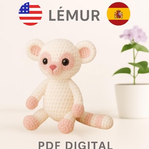 May include: A crochet amigurumi pattern for a white lemur with pink accents. The pattern is available as a digital PDF download and includes step-by-step instructions.  The pattern is available in both English and Spanish.