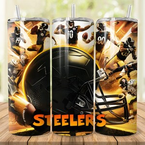 May include: Three stainless steel tumblers with a black and gold design featuring Pittsburgh Steelers football players and a football helmet. The tumblers have the word "Steelers" printed on them.