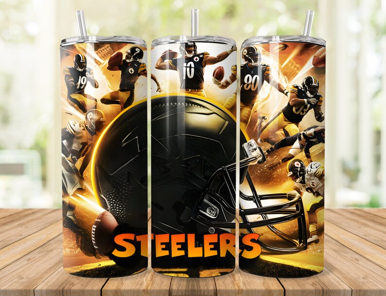 May include: Three stainless steel tumblers with a black and gold design featuring Pittsburgh Steelers football players and a football helmet. The tumblers have the word "Steelers" printed on them.