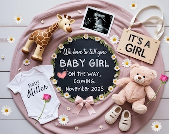 Annuncio di gravidanza di una bambina Annuncio digitale di nascita Rivelazione del sesso del bambino Rivelazione sui social media Modello modificabile È una bambina Sorellina