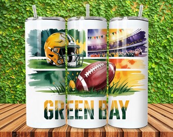 Copo Slimny Green Bay de 20 onças PNG, Copo Esportivo de 20 onças PNG, Copo de Sublimação de Mascote PNG para Download Digital, Copo de Futebol