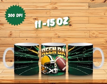 Green Bay Mug Wrap 11oz 15oz PNG, Design per tazza con mascotte sportiva per sublimazione, Download digitale di tazza PNG, Wrap per tazza per sublimazione, Tazza da football