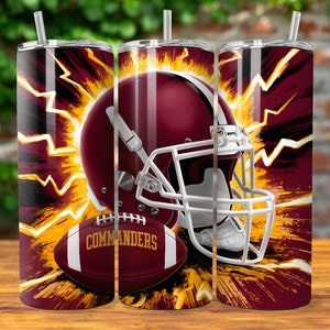 May include: Three stainless steel tumblers with a burgundy, gold, and white design. The design features a football helmet, a football, and the word "Commanders".