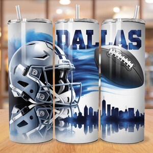 May include: A set of three stainless steel tumblers featuring a Dallas Cowboys theme. Each tumbler displays a football helmet, the word "DALLAS", a football, and a city skyline in shades of blue and white.