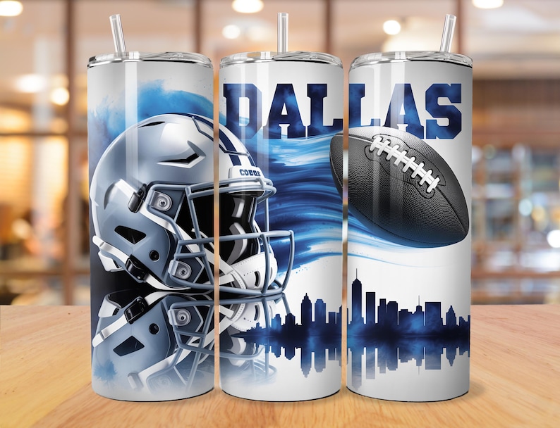 May include: A set of three stainless steel tumblers featuring a Dallas Cowboys theme. Each tumbler displays a football helmet, the word "DALLAS", a football, and a city skyline in shades of blue and white.