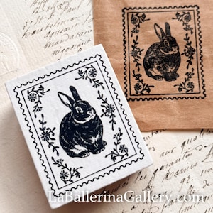 Carimbo de coelho vintage de madeira e borracha para diário de recortes, planner e presentes de papelaria.