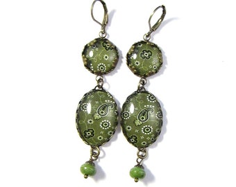 OOAK Statement Jewelry Southwestern Olive Green Army Green Sage Green Bandana Earrings with Mottled Olive Czech Glass Beads