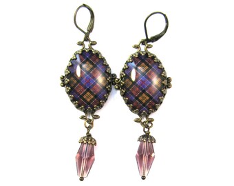 Scottish Tartan Jewelry Tartan Earrings Culloden Memorial Tartan Delicate Filigree Earrings w/Amethyst Czech Crystal Beads