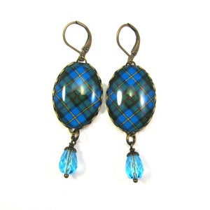 Scottish Tartan Jewelry Tartan Earrings MacLeod of Harris Clan Tartan Earrings with Aquamarine Czech Glass Crystal Teardrop Beads