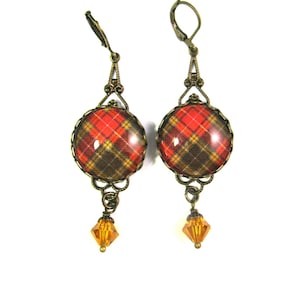 Scottish Tartan Jewelry Tartan Earrings Buchanan Weathered Old Sett Filigree Earrings with Topaz Swarovski Czech Glass Gems