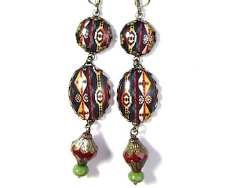 OOAK Statement Jewelry Southwestern Native American Pattern Red Turquoise Golden Yellow Earrings with Red Baroque Czech Bicone Beads