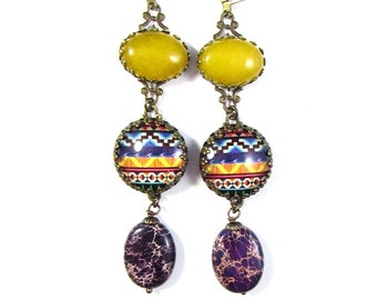 The Diva Collection OOAK Statement Jewelry Southwestern Patterned Earrings with Yellow Jade Cabochons and Violet Ocean Jasper Gemstones