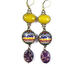 The Diva Collection OOAK Statement Jewelry Southwestern Patterned Earrings with Yellow Jade Cabochons and Violet Ocean Jasper Gemstones