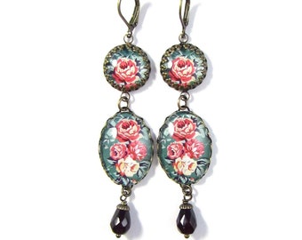 OOAK Statement Jewelry Vintage Retro Florals Collection Jade Green and Light and Dark Rose Pink Earrings w/Garnet Czech Crystal Beads