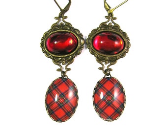 Scottish Tartan Jewelry Royal Stewart Tartan Earrings w/Smooth-Domed Siam Red Czech Glass Gems