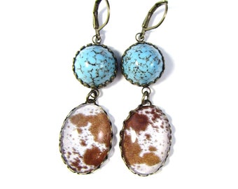 OOAK Statement Jewelry Southwestern Turquoise Glass and Tan and White Cowhide Earrings