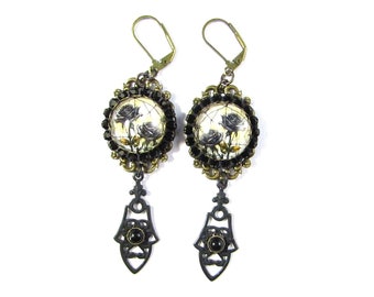 Dark Academia Collection Black Roses Stained Glass Earrings w/Black Rhinestone Bezels and Black Brass Connectors