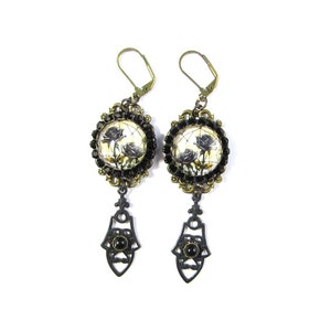 Dark Academia Collection Black Roses Stained Glass Earrings w/Black Rhinestone Bezels and Black Brass Connectors image 1