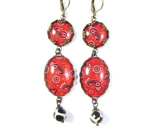 OOAK Statement Jewelry Southwestern Cherry Red Bandana Earrings with Cowhide DZI Beads