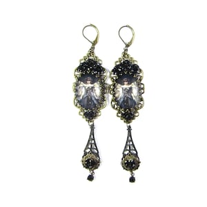 Dark Academia Collection Dark Angel Earrings w/Glossy Black Aluminum Roses & Black Rhinestone Drops image 1