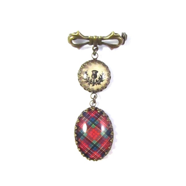 Scottish Tartan Jewelry MacPherson McPherson Ancient Clan Tartan Sweet Bow Brooch w/Thistle Charm