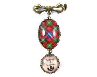 Scottish and Irish Tartan Jewelry - Ancient Romance Series - Forrester Ancient Clan Tartan Sweet Bow Brooch with Daughter of Scotland Charm