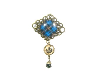 Scottish Tartan Jewelry Tartan Brooch Patterson Clan Tartan Delicate Filigree Brooch w/Thistle Charm & Emerald Green Czech Glass Bell Bead