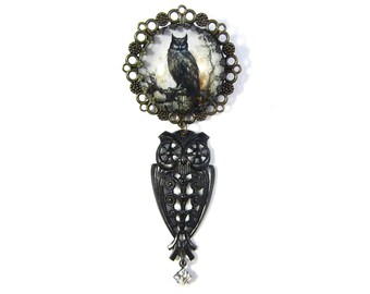 Dark Academia Collection Gothic Owl on a Branch Brooch with Rare European Black Brass Owl Component and Clear Rhinestone Square Drop