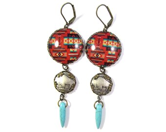 OOAK Statement Jewelry Southwestern Patterned Earrings with Buffalo Nickel Button Beads & Turquoise Howlite Beads