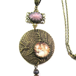 The Diva Collection OOAK Statement Jewelry Mucha Fruit Vintaj Dragonfly Focal Necklace w/Vintage Lavender Givre Glass Charm