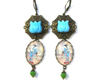 Sakura Spring Collection OOAK Statement Jewelry Japanese Geisha Earrings with Baby Blue Molded Lotus Cabs & Jadeite Green Bi-Cone Beads